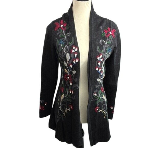 Christopher & Banks Open Front Cardigan Womens Size S Black Floral Embroidered - Picture 1 of 8